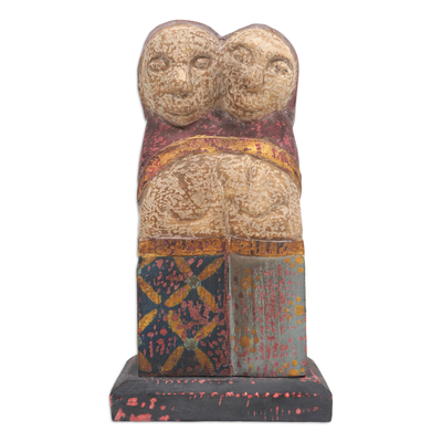 Wood statuette, 'Ancestral Duo' - Handcrafted Rustic Albesia Wood Statuette from Bali