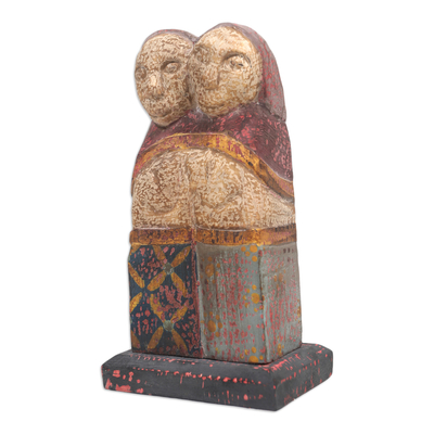 Wood statuette, 'Ancestral Duo' - Handcrafted Rustic Albesia Wood Statuette from Bali