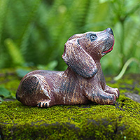 Wood sculpture, 'Loyal Barks' - Hand-Carved Brown Suar Wood Sculpture of a Puppy
