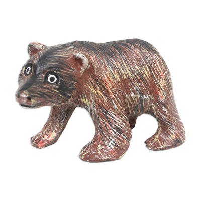 Hand-Carved Brown Suar Wood Sculpture of a Bear