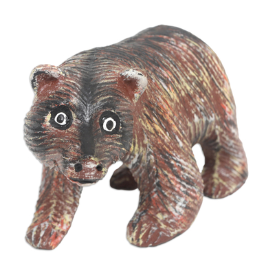 Wood sculpture, 'Courageous Growl' - Hand-Carved Brown Suar Wood Sculpture of a Bear