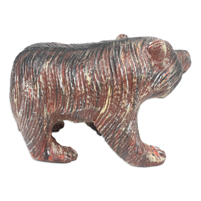 Wood sculpture, 'Courageous Growl' - Hand-Carved Brown Suar Wood Sculpture of a Bear