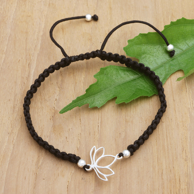 Sterling silver macrame pendant bracelet, 'Shadow Lotus' - Handcrafted Black Macrame Bracelet with Lotus Pendant