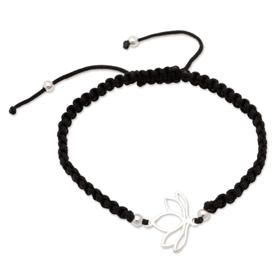 Sterling silver macrame pendant bracelet, 'Shadow Lotus' - Handcrafted Black Macrame Bracelet with Lotus Pendant