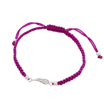Sterling silver macrame pendant bracelet, 'Purple Spirit' - Handcrafted Purple Macrame Bracelet with Wing-Themed Pendant
