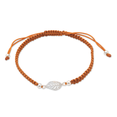 Sterling silver macrame pendant bracelet, 'Brown Autumn' - Handcrafted Brown Macrame Bracelet with Leafy Pendant