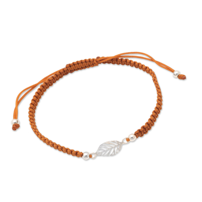 Sterling silver macrame pendant bracelet, 'Brown Autumn' - Handcrafted Brown Macrame Bracelet with Leafy Pendant