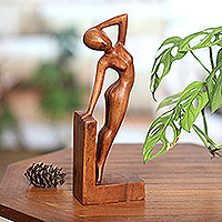 Wood sculpture, 'Divine Silhouette' - Handcrafted Brown Suar Wood Sculpture of a Female Figure