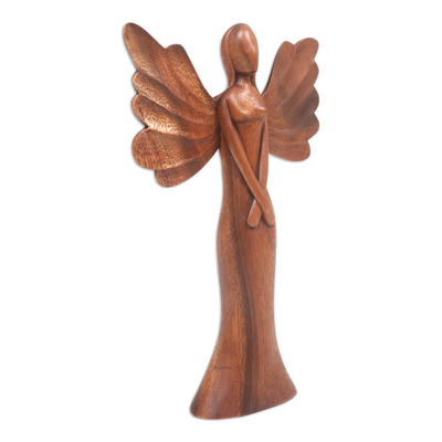 Escultura de madera - Escultura de madera de suar tallada a mano de un ángel de Bali