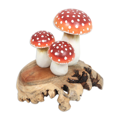 Wood sculpture, 'Dream Nature' - Hand-Painted Jempinis and Benalu Wood Sculpture of Mushrooms