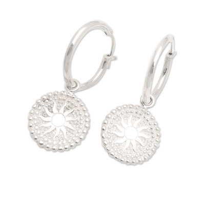 Sterling silver dangle earrings, 'Sunshine in Bali' - Sun-Themed Round Sterling Silver Dangle Earrings from Bali