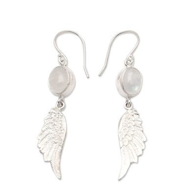 Rainbow moonstone dangle earrings, 'Flight to Harmony' - Sterling Silver Wing Dangle Earrings with Rainbow Moonstones
