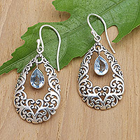 Blue topaz dangle earrings, 'Blue Vine Drops' - Polished Sterling Silver Dangle Earrings with Blue Topaz