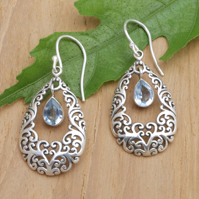 Blue topaz dangle earrings, 'Blue Vine Drops' - Polished Sterling Silver Dangle Earrings with Blue Topaz