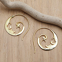 Gold-plated drop earrings, 'Fairy Aura' - Round 18k Gold-Plated Brass Drop Earrings with Leafy Motifs