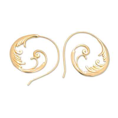 Gold-plated drop earrings, 'Fairy Aura' - Round 18k Gold-Plated Brass Drop Earrings with Leafy Motifs