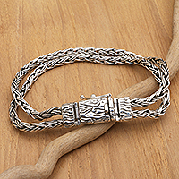Men's sterling silver chain bracelet, 'Protective Leader' - Men's Sterling Silver Bracelet with Basketweave Chains