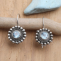 Blue topaz drop earrings, 'Enchanting Flower' - Sterling Silver Floral Drop Earrings with Blue Topaz Stone