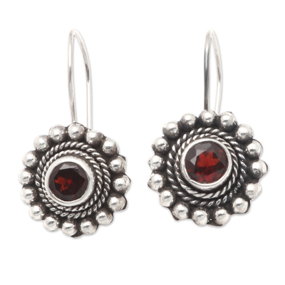 Garnet drop earrings, 'Enchanting Flower in Red' - Sterling Silver Floral Drop Earrings with Garnet Stone