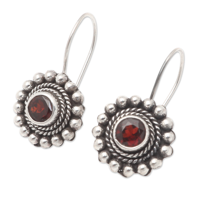 Garnet drop earrings, 'Enchanting Flower in Red' - Sterling Silver Floral Drop Earrings with Garnet Stone