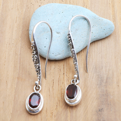 Garnet dangle earrings, 'Heaven's Treasure in Red' - Sterling Silver and Garnet Dangle Earrings Crafted in Bali