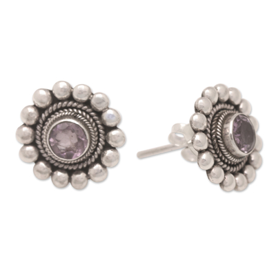 Amethyst drop earrings, 'Heavenly Flower in Purple' - Sterling Silver and Amethyst Floral Drop Earrings from Bali