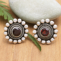 Garnet drop earrings, 'Heavenly Flower in Purple' - Sterling Silver and Garnet Floral Drop Earrings from Bali
