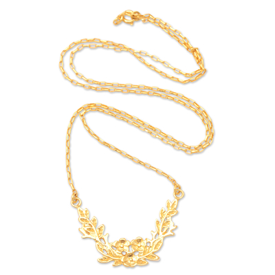 Gold-plated pendant necklace, 'Spring Plumeria' - 18k Gold-Plated Leafy and Floral Pendant Necklace from Bali