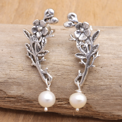 Cultured pearl dangle earrings, Winter Plumeria