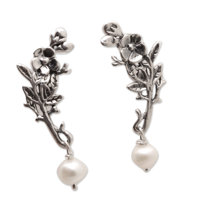 Cultured pearl dangle earrings, 'Winter Plumeria' - Sterling Silver Floral Dangle Earrings with Cultured Pearls