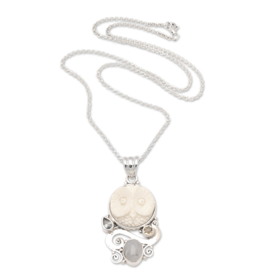 Multi-gemstone pendant necklace, 'Midnight Owl' - Balinese Multi-Gemstone Sterling Silver Owl Pendant Necklace