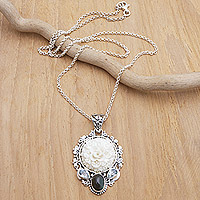 Labradorite and blue topaz pendant necklace, 'Bali' - Labradorite Blue Topaz Sterling Silver Rose Pendant Necklace