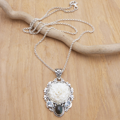 Labradorite and blue topaz pendant necklace, 'Bali' - Labradorite Blue Topaz Sterling Silver Rose Pendant Necklace