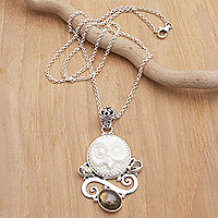 Labradorite and citrine pendant necklace, 'Dark Owl' - Labradorite Citrine and Sterling Silver Owl Pendant Necklace