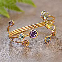 Gold-plated multi-gemstone cuff bracelet, 'Galactic Energies' - Whimsical 18k Gold-Plated Multi-Gemstone Cuff Bracelet