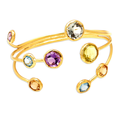 Gold-plated multi-gemstone cuff bracelet, 'Cosmic Energy' - Galactic 18k Gold-Plated Multi-Gemstone Cuff Bracelet