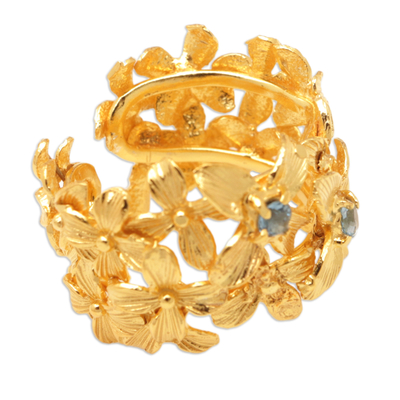 Gold-plated blue topaz wrap ring, 'Golden Loyalty' - Floral 18k Gold-Plated Wrap Ring with Blue Topaz Jewels
