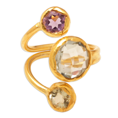 Gold-plated multi-gemstone wrap ring, 'Precious Realms' - Whimsical 18k Gold-Plated Wrap Ring with 2-Carat Jewels