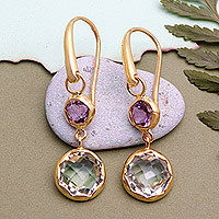 Gold-plated amethyst and prasiolite dangle earrings, 'Noble Dame'
