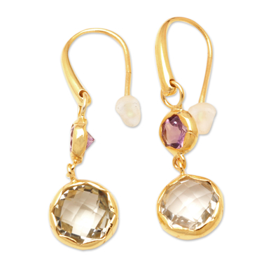 Gold-plated amethyst and prasiolite dangle earrings, 'Noble Dame' - 18k Gold-Plated Dangle Earrings with Amethyst and Prasiolite