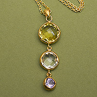 Gold-plated multi-gemstone pendant necklace, 'Energy Amulets' - 18k Gold-Plated Pendant Necklace with 1-Carat Gemstones