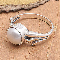 Cultured pearl single stone ring, 'White Waves' - Silver Single Stone Ring with Cultured Pearl and Wavy Motif
