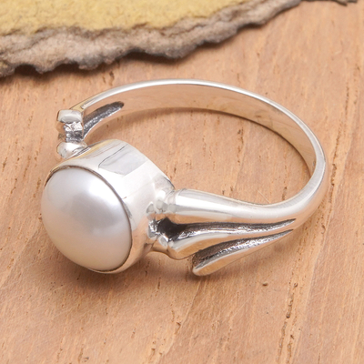 Cultured pearl single stone ring, 'White Waves' - Silver Single Stone Ring with Cultured Pearl and Wavy Motif