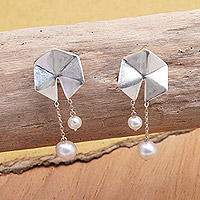 Cultured pearl dangle earrings, 'Origami Lanterns' - Geometric Sterling Silver Dangle Earrings with Grey Pearls