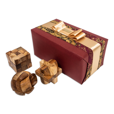 Kuratierte Geschenkbox - Kuratierte Geschenkbox mit 3 Teakholz-Puzzles aus Indonesien