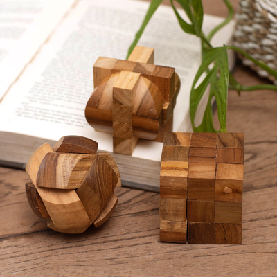Curated gift box, 'Puzzled' - Curated Gift Box with 3 Teak Wood Puzzles from Indonesia