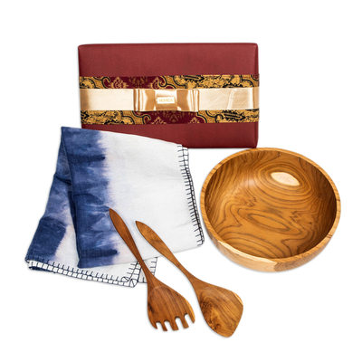 Curated gift box, 'Entertaining Friends' - Curated Gift Box with Table Runner and 3 Teak Serving Pieces