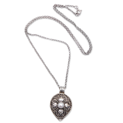 Cultured pearl locket necklace, 'Small Treasures' - Cultured Pearl and Sterling Silver Floral Locket Necklace