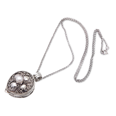Cultured pearl locket necklace, 'Small Treasures' - Cultured Pearl and Sterling Silver Floral Locket Necklace