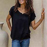 Rayon stitch-accent top, 'Mysterious Black'